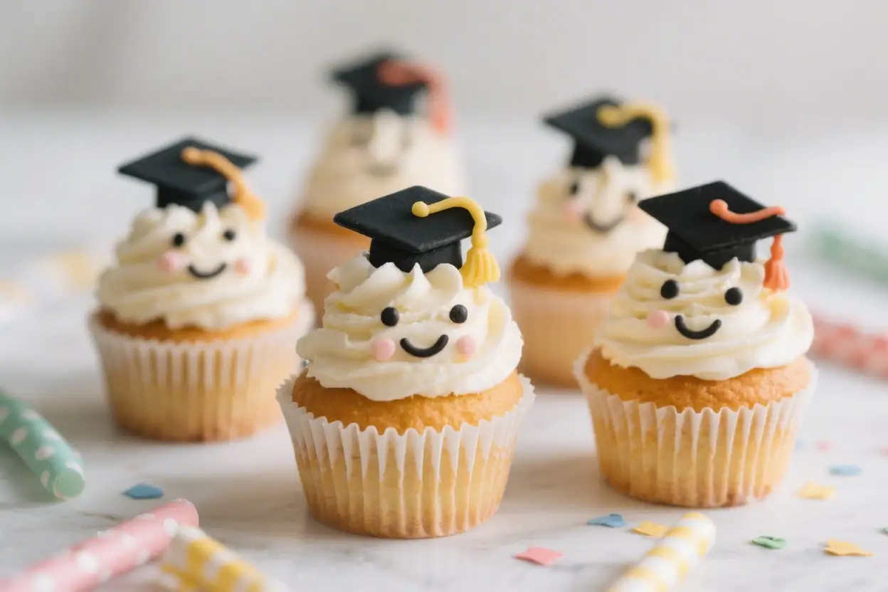 Vanilla graduation cupcakes decorated with creamy frosting faces and black graduation caps, arranged on a light background with colorful confetti.