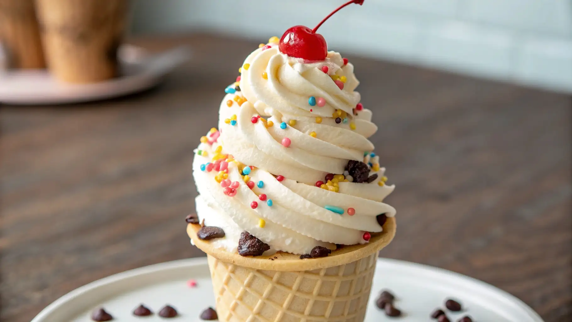 Cute Ice Cream Cone Cupcakes for Summer Desserts - Fun, Festive, and Easy to Make 1 Ice cream cone cupcake with vanilla frosting swirl, colorful sprinkles, and cherry on top