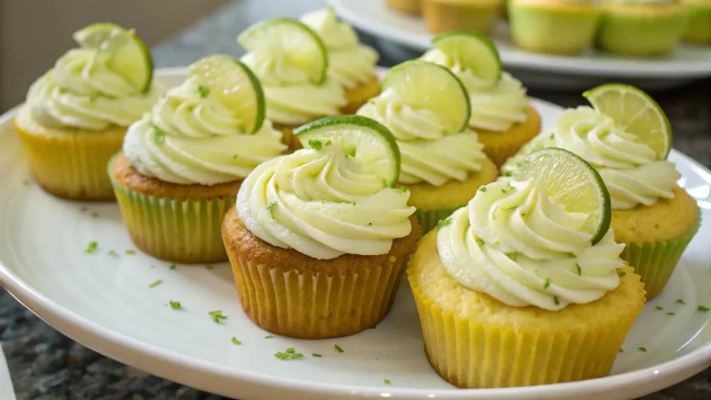 Key lime cupcakes topped with creamy lime frosting, garnished with fresh lime slices and zest, arranged on a white serving plate.