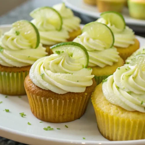 Easy Key Lime Cupcakes Recipe for Summer Desserts - Bright, Tangy, and Refreshing 2 Key lime cupcakes topped with creamy lime frosting, garnished with fresh lime slices and zest, arranged on a white serving plate.