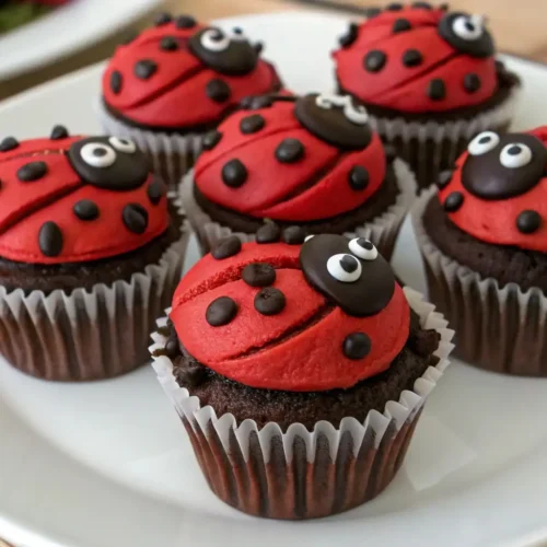 Cute Ladybug Cupcakes for Kids Party Ideas – Fun, Simple, and Adorable 2 Ladybug cupcakes decorated with red fondant, black spots, and candy eyes on chocolate cupcakes arranged on a white plate.