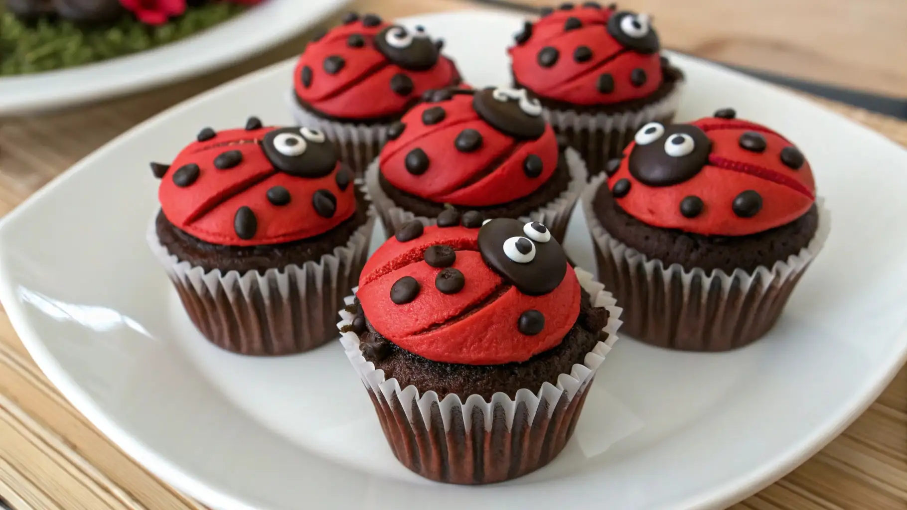 Cute Ladybug Cupcakes for Kids Party Ideas – Fun, Simple, and Adorable 1 Ladybug cupcakes decorated with red fondant, black spots, and candy eyes on chocolate cupcakes arranged on a white plate.