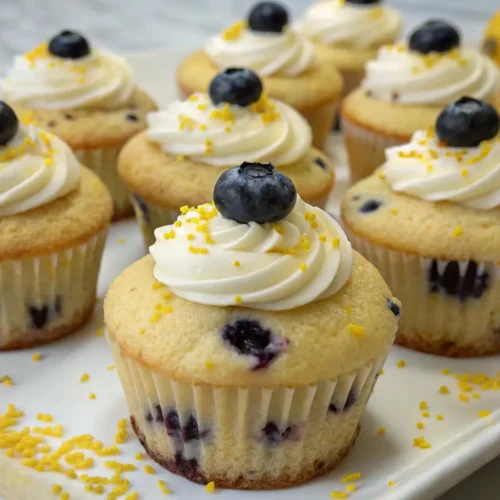 Lemon blueberry cupcakes topped with swirled cream frosting, fresh blueberries, and lemon zest sprinkles on a white serving tray.