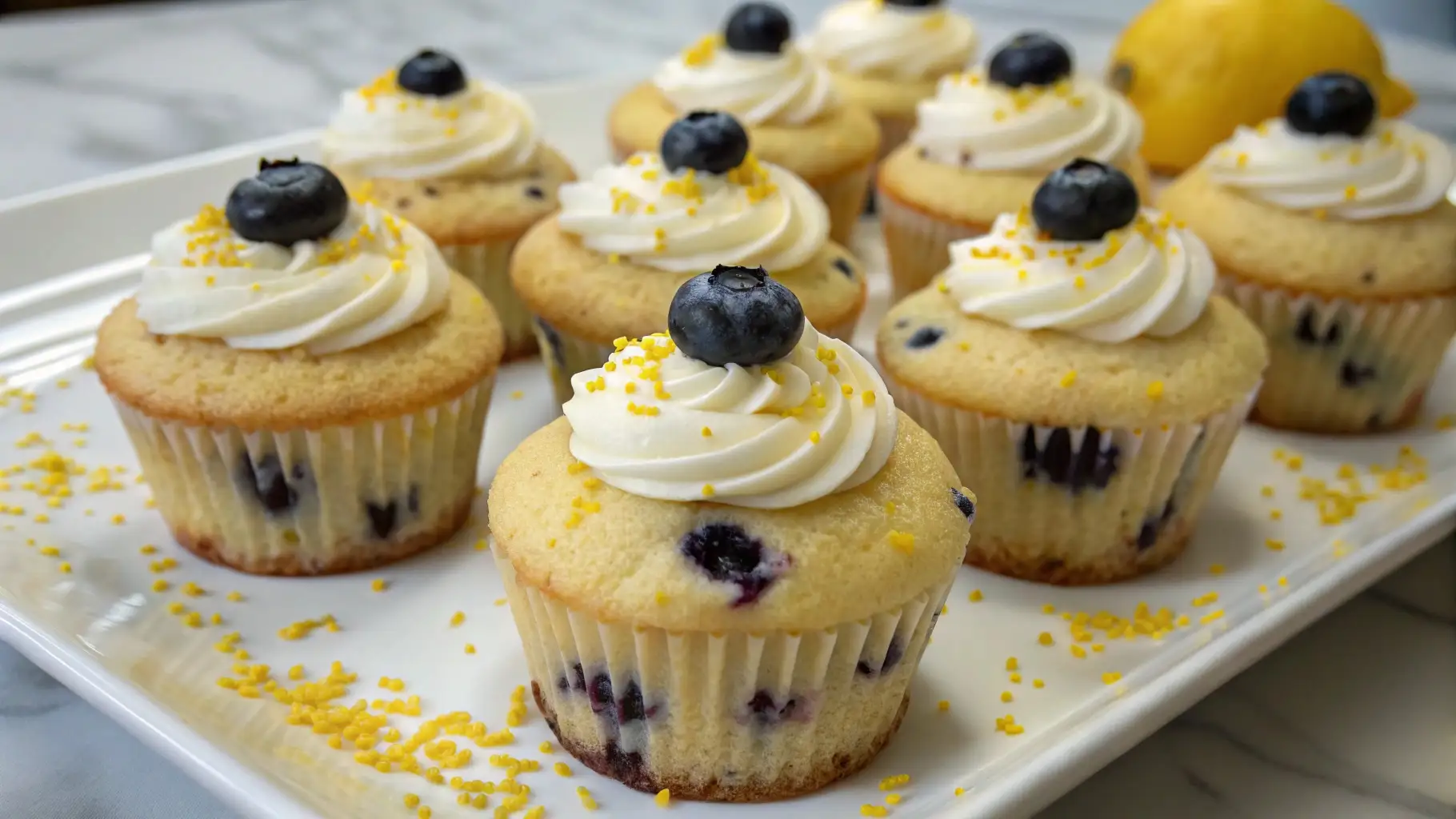 Lemon blueberry cupcakes topped with swirled cream frosting, fresh blueberries, and lemon zest sprinkles on a white serving tray.