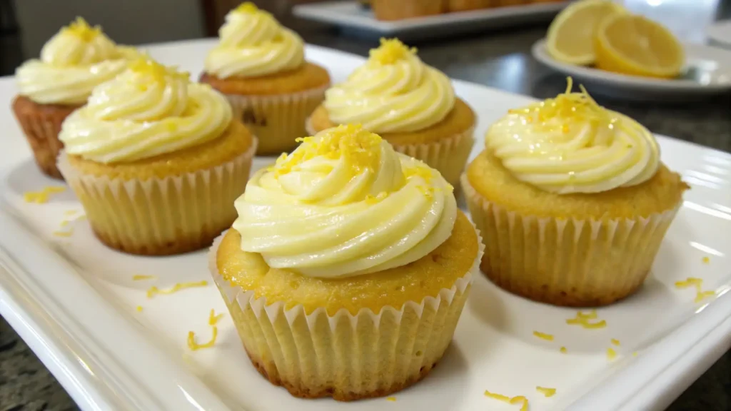 Lemon cupcakes topped with creamy lemon frosting swirls and fresh lemon zest, arranged on a white plate.