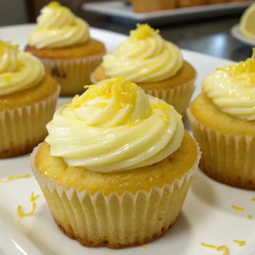 Lemon cupcakes topped with creamy lemon frosting swirls and fresh lemon zest, arranged on a white plate.