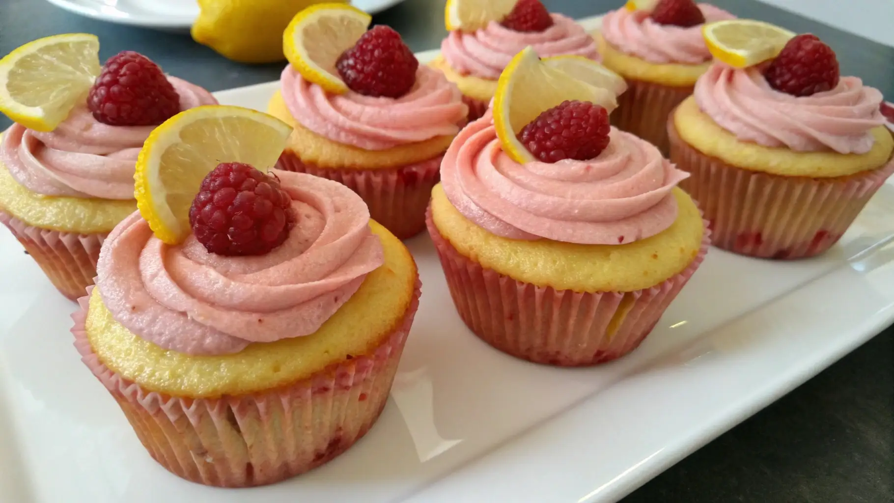 Lemon raspberry cupcakes with pink raspberry frosting, topped with fresh raspberries and lemon slices on a white plate.