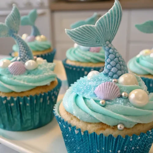 DIY Mermaid Cupcakes Magical Birthday Party Treats - Easy, Whimsical, and Fun 2 Mermaid cupcakes with blue frosting pearl decorations seashells and fondant tails on a dessert tray