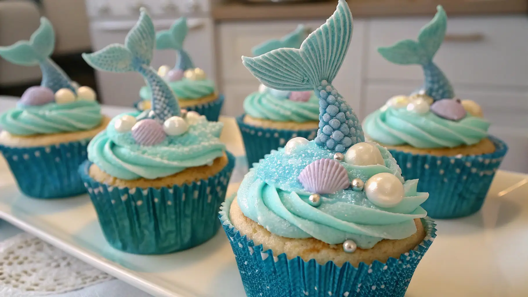 DIY Mermaid Cupcakes Magical Birthday Party Treats - Easy, Whimsical, and Fun 1 Mermaid cupcakes with blue frosting pearl decorations seashells and fondant tails on a dessert tray