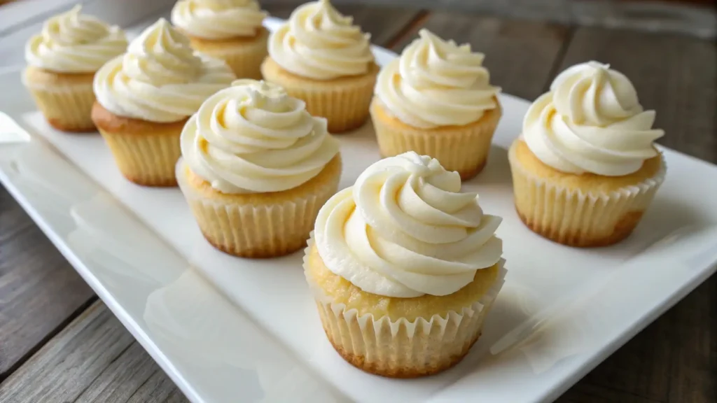 Mini vanilla cupcakes with smooth buttercream frosting arranged on a white serving plate