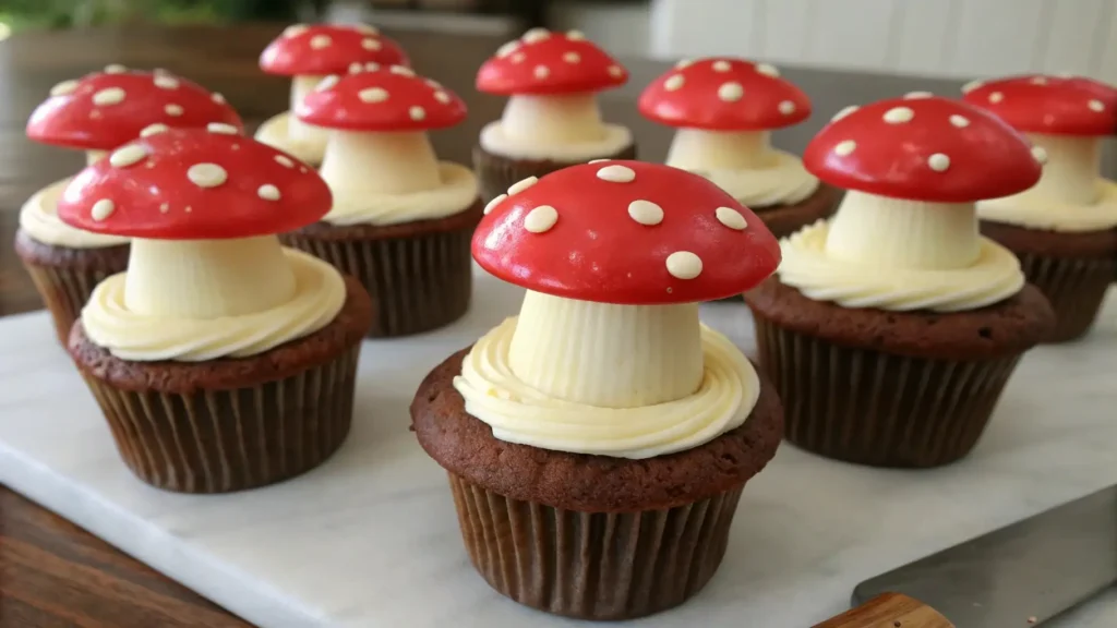 Mushroom cupcakes with chocolate base, buttercream stems, and glossy red caps with white spots on a serving board
