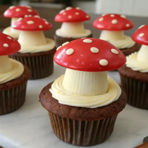Mushroom cupcakes with chocolate base, buttercream stems, and glossy red caps with white spots on a serving board