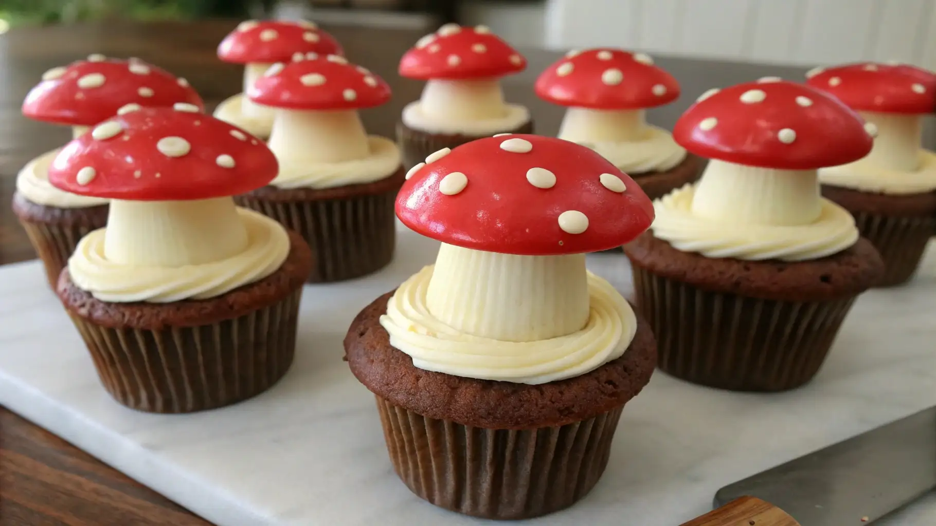 Mushroom cupcakes with chocolate base, buttercream stems, and glossy red caps with white spots on a serving board