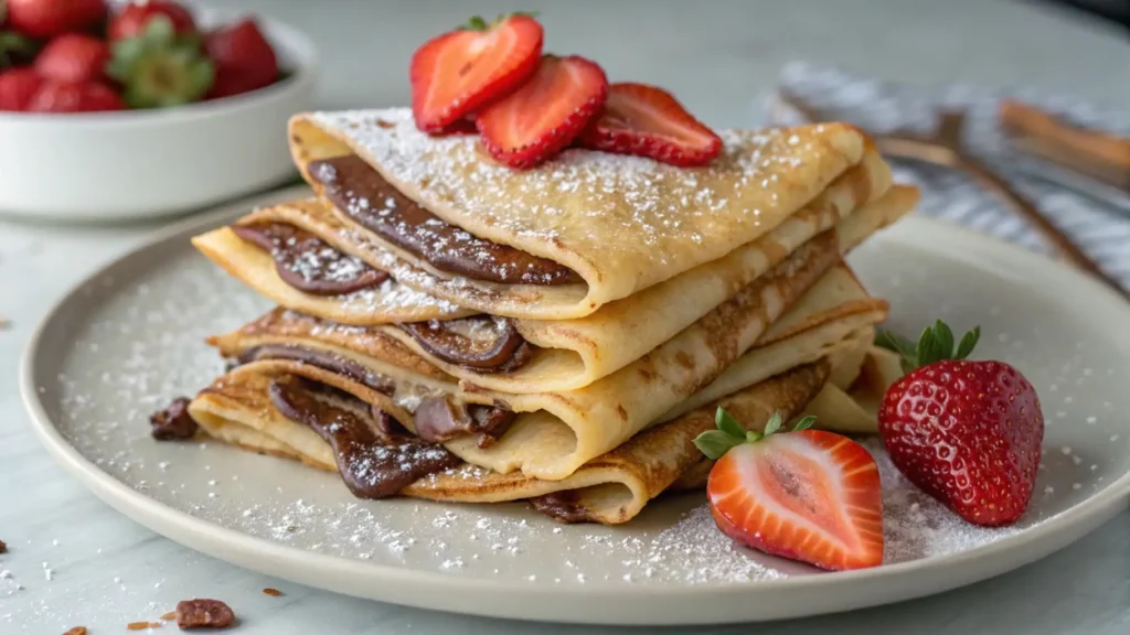 Nutella crepes folded and stacked on a plate, filled with chocolate hazelnut spread, topped with powdered sugar and fresh strawberries
