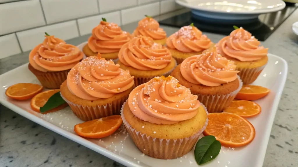 Orange cupcakes with soft vanilla base topped with orange buttercream frosting and garnished with fresh orange slices on a white serving plate