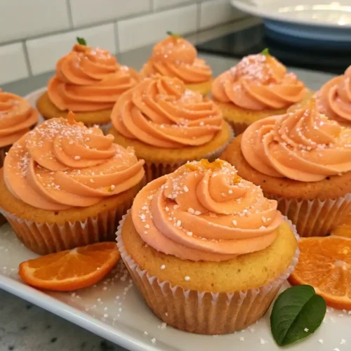 Orange cupcakes with soft vanilla base topped with orange buttercream frosting and garnished with fresh orange slices on a white serving plate