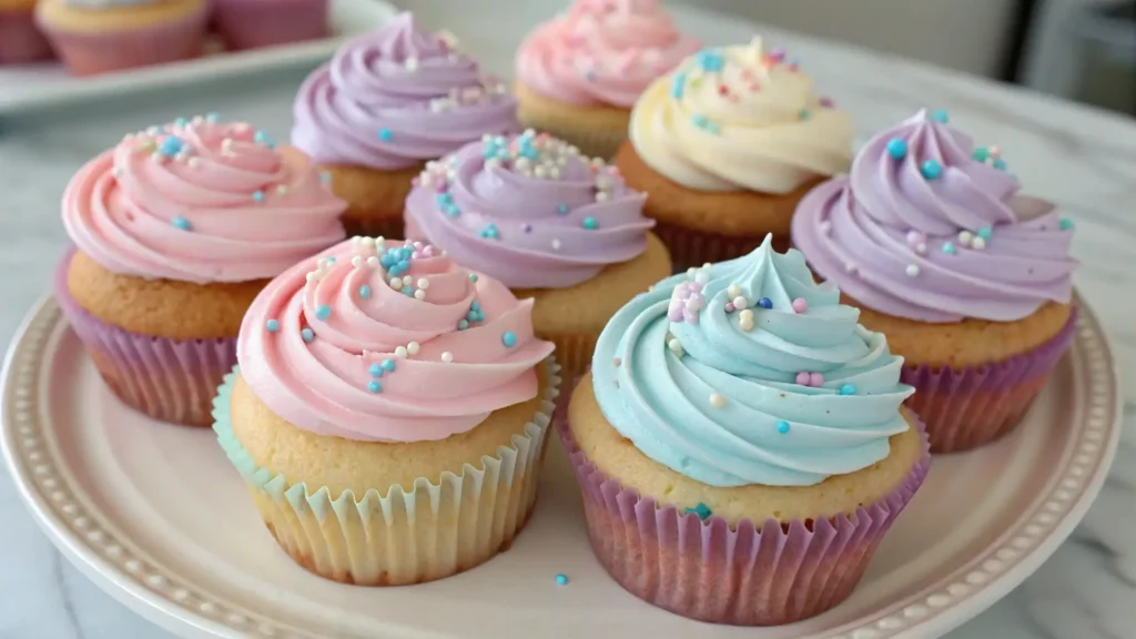 Assorted cupcakes topped with pastel buttercream frosting in pink, blue, purple, and cream shades, decorated with small colorful sugar sprinkles and arranged on a serving plate