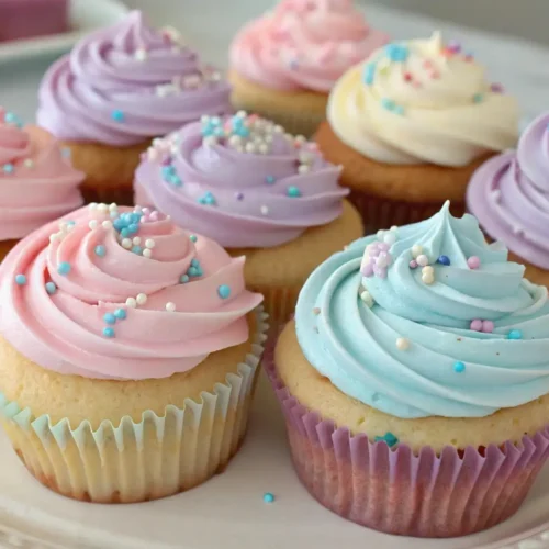 Easy Pastel Cupcakes Recipe for Soft and Colorful Desserts - Simple, Sweet, and Party-Ready 2 Assorted cupcakes topped with pastel buttercream frosting in pink, blue, purple, and cream shades, decorated with small colorful sugar sprinkles and arranged on a serving plate