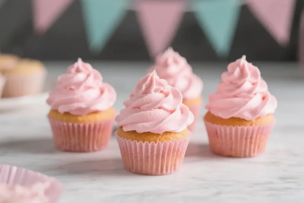 Pink cupcakes with soft vanilla base and creamy pink buttercream frosting on a light background