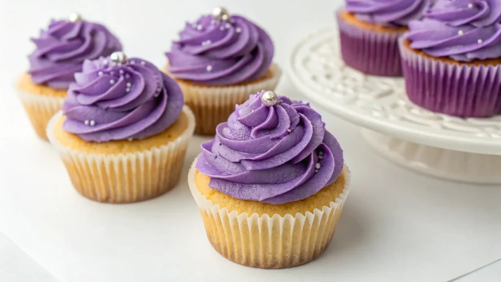Purple frosted cupcakes with vanilla base and smooth buttercream swirls topped with silver sprinkles on a white background