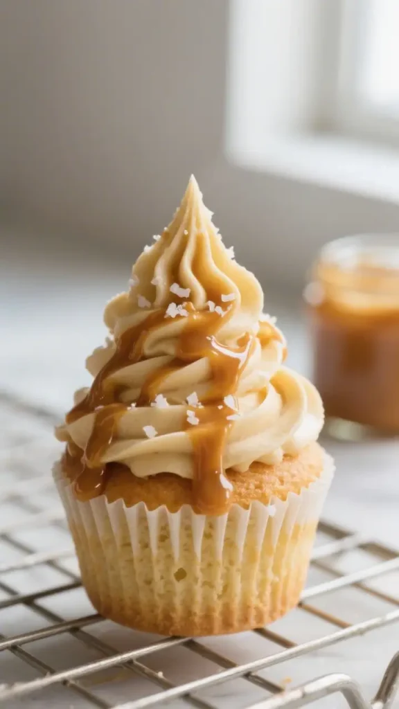 Salted caramel cupcake with creamy caramel frosting topped with caramel drizzle and sea salt flakes