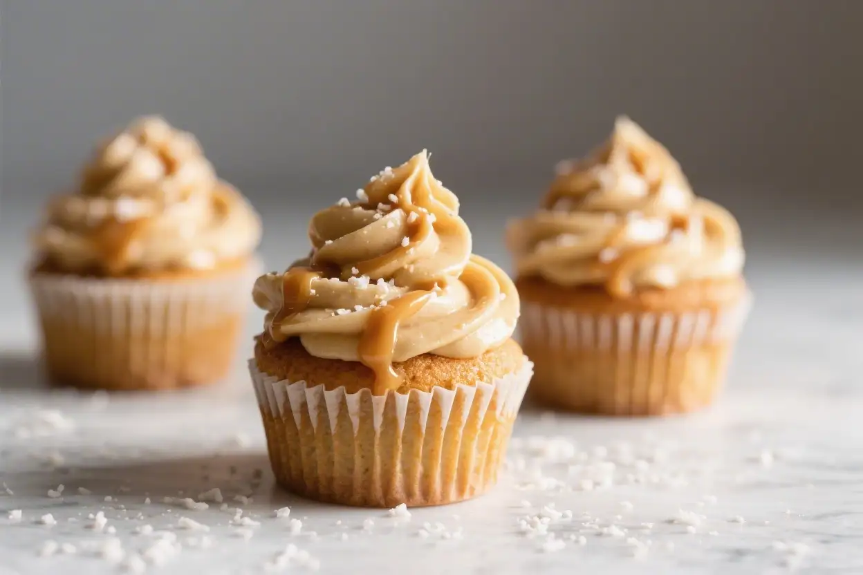 Salted caramel cupcakes with creamy caramel frosting and caramel drizzle topped with sea salt flakes