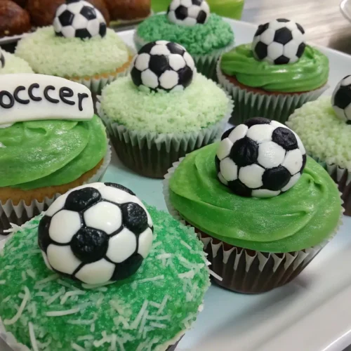 Easy Soccer Cupcakes for Kids Birthday Parties - Fun, Fast, and Festive 2 Soccer cupcakes decorated with green frosting and mini soccer ball toppers on a serving tray
