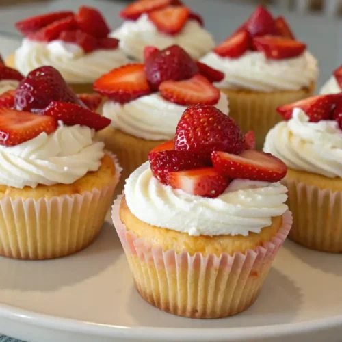 Strawberry shortcake cupcakes topped with whipped cream and fresh sliced strawberries on a white plate, soft vanilla cupcakes with creamy frosting