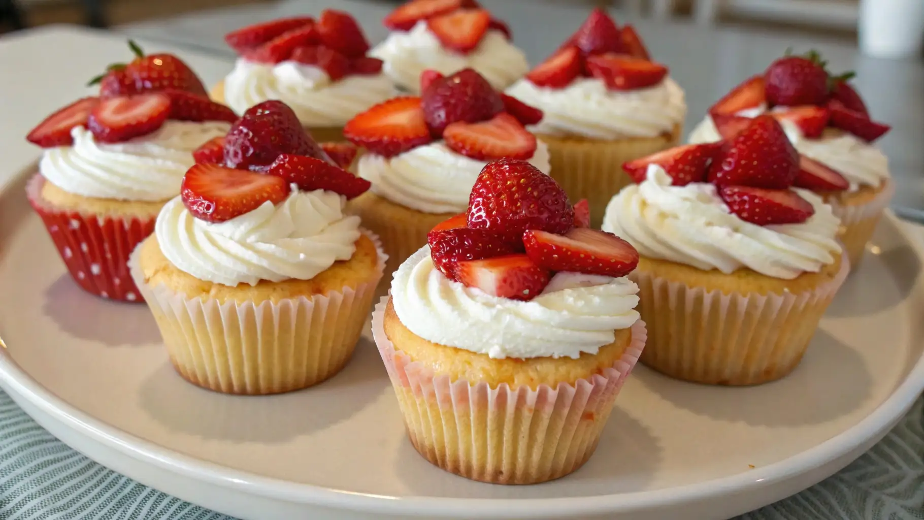 Strawberry shortcake cupcakes topped with whipped cream and fresh sliced strawberries on a white plate, soft vanilla cupcakes with creamy frosting