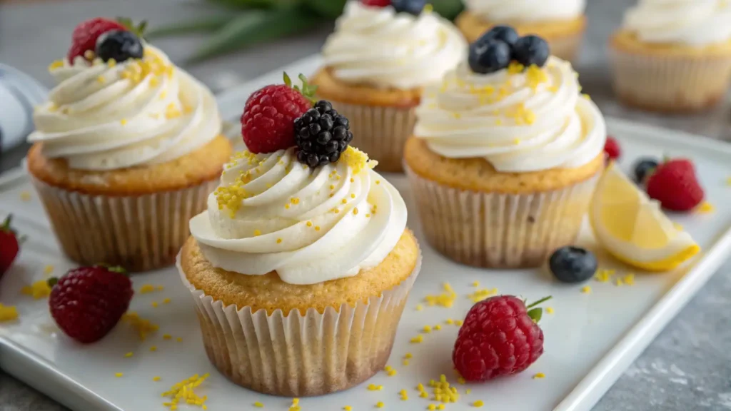 Summer cupcakes with vanilla frosting topped with fresh raspberries blueberries and lemon zest on a serving tray