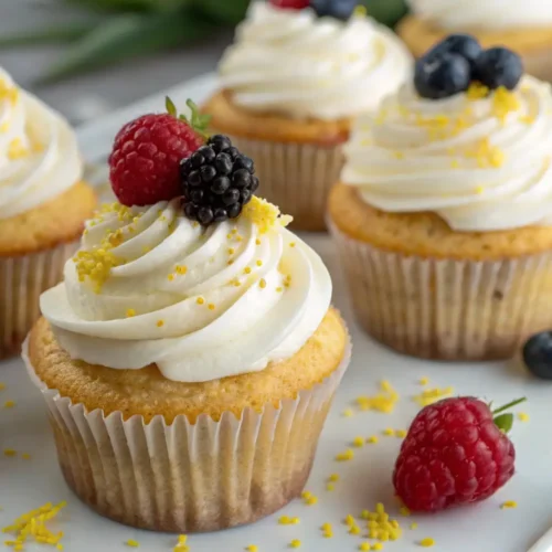 Summer cupcakes with vanilla frosting topped with fresh raspberries blueberries and lemon zest on a serving tray