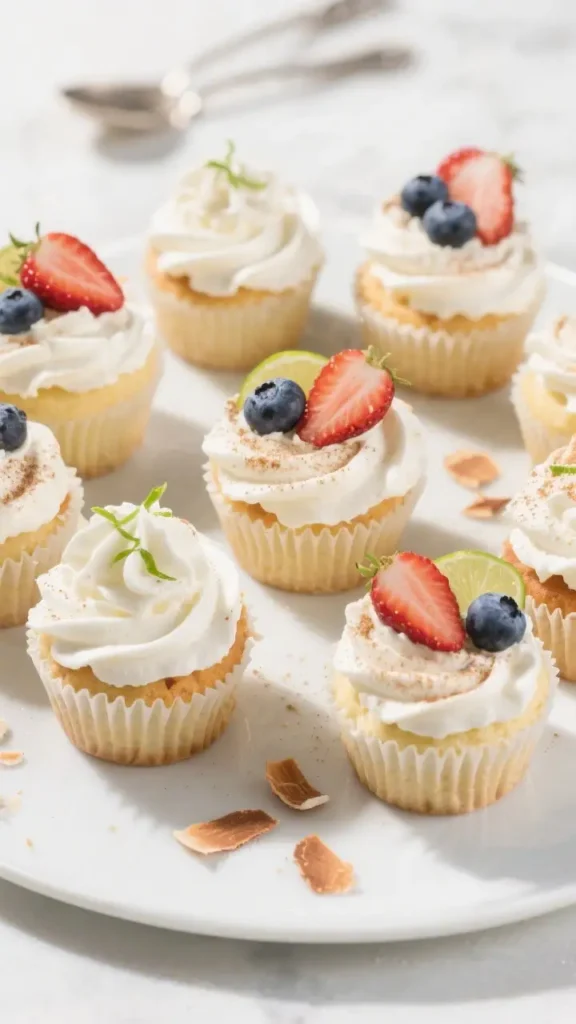 Tres leches cupcakes topped with whipped cream and fresh fruit including strawberry, blueberry, and lime slice on a decorated cake stand.