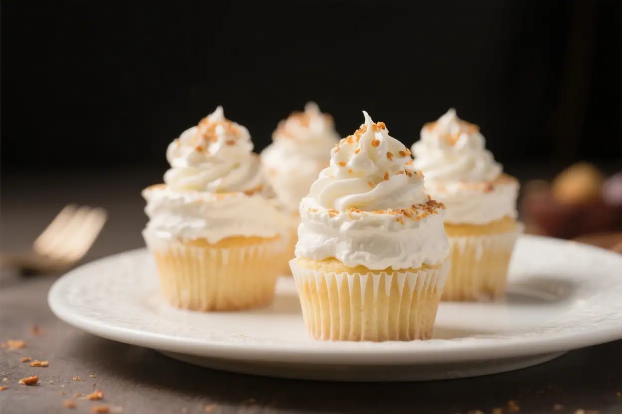 Tres leches cupcakes topped with whipped cream frosting and sprinkled crumbs served on a white plate.