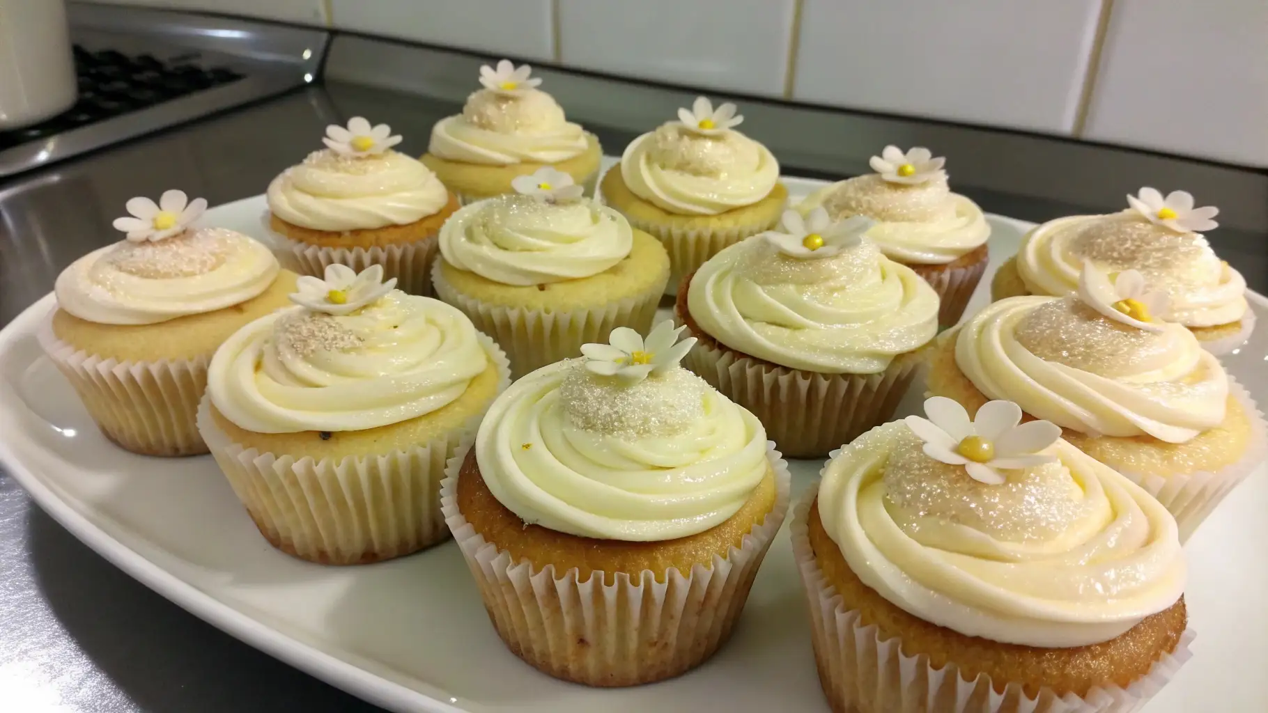 Easy Vanilla Cupcakes Recipe for Beginners – Simple, Soft, and Foolproof 1 Vanilla cupcakes with creamy buttercream frosting and small flower decorations on a serving plate