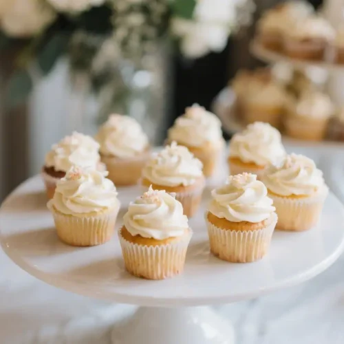 Elegant wedding cupcakes with vanilla frosting displayed on a white cake stand at a wedding dessert table