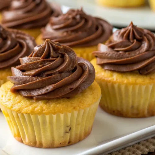 Homemade yellow cupcakes topped with chocolate frosting on a white plate, soft and fluffy vanilla cupcakes with rich chocolate swirl icing