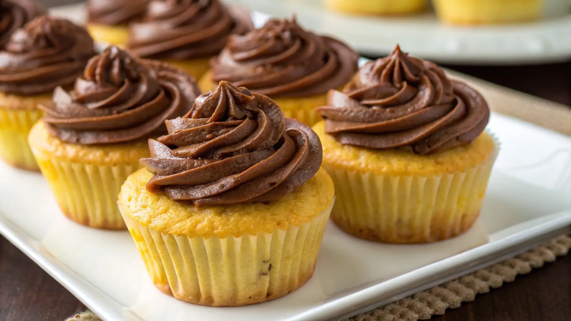 Homemade yellow cupcakes topped with chocolate frosting on a white plate, soft and fluffy vanilla cupcakes with rich chocolate swirl icing