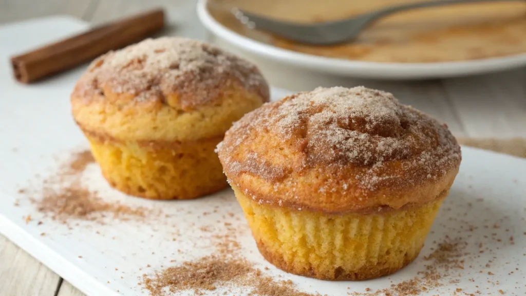Two soft 2 ingredient pumpkin donut muffins dusted with cinnamon sugar on a white plate, with a cinnamon stick and coffee in the background.