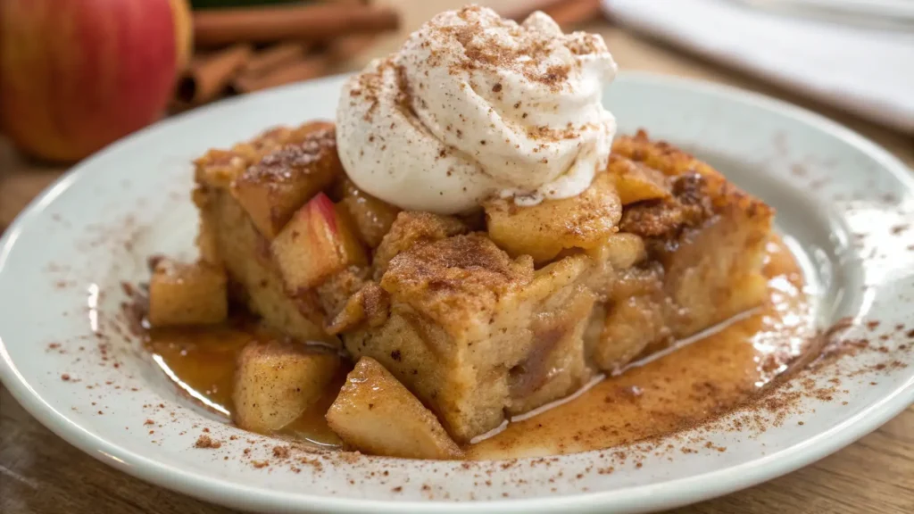 Warm apple bread pudding topped with whipped cream, cinnamon, caramel sauce, and tender apple pieces on a plate.
