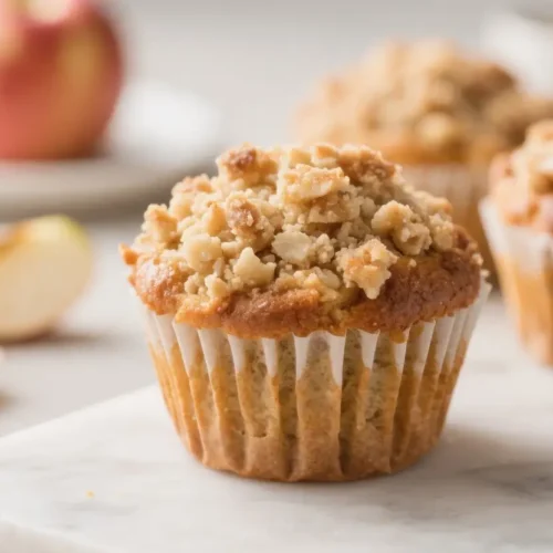 Apple crumble muffins with golden crumb topping in white paper liners, served on a marble surface with sliced apples in the background.