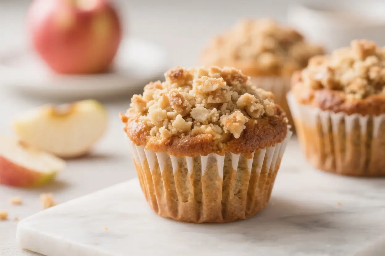 Apple crumble muffins with golden crumb topping in white paper liners, served on a marble surface with sliced apples in the background.