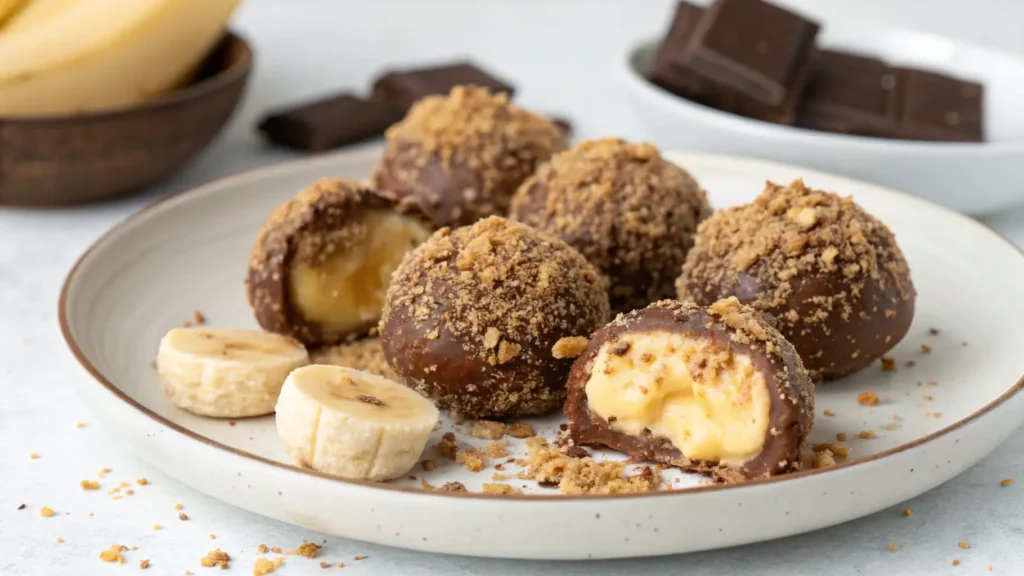 Banoffee truffles coated in chocolate and biscuit crumbs, served with banana slices on a white plate.