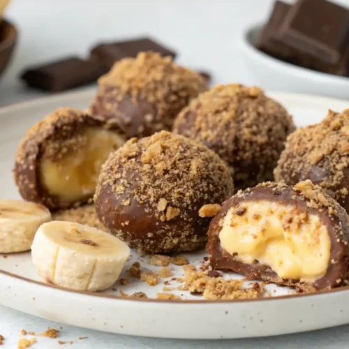 Banoffee truffles coated in chocolate and biscuit crumbs, served with banana slices on a white plate.