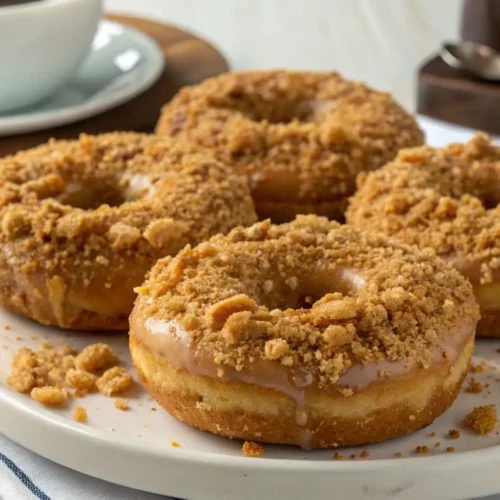 Biscoff donuts topped with cookie butter glaze and crushed Biscoff cookie crumbs, served on a white plate with coffee in the background.