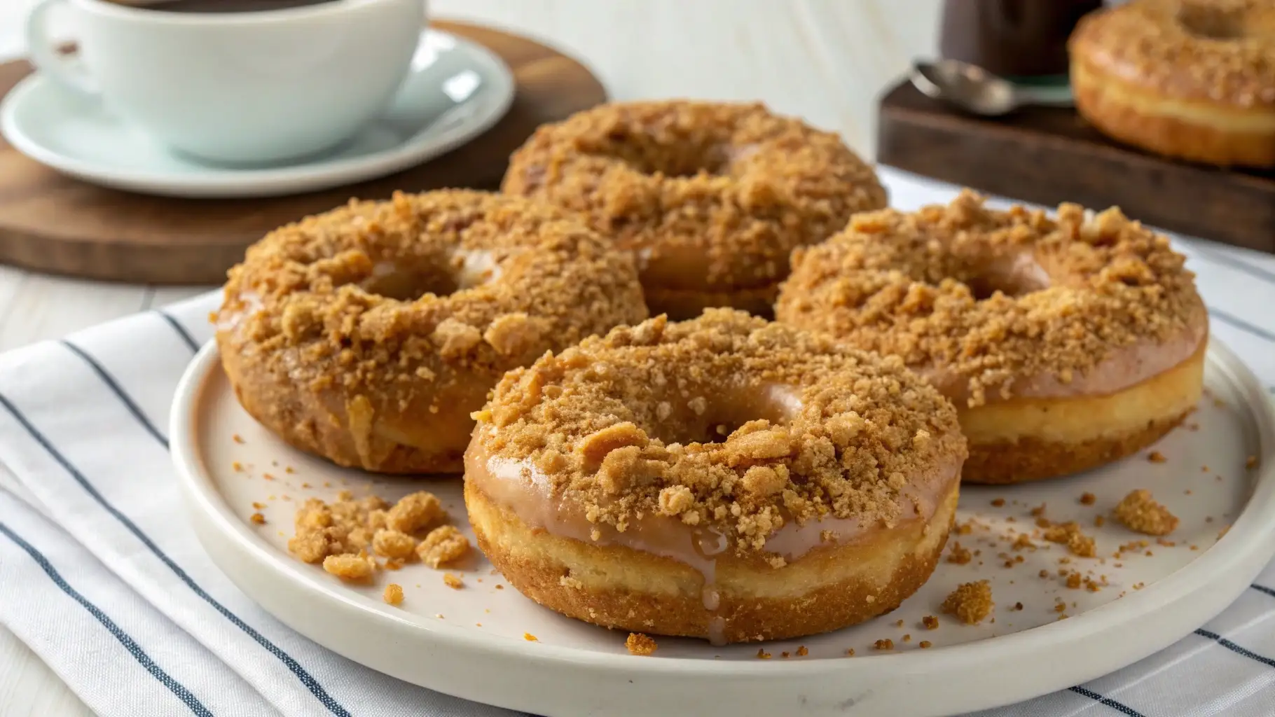 Biscoff donuts topped with cookie butter glaze and crushed Biscoff cookie crumbs, served on a white plate with coffee in the background.
