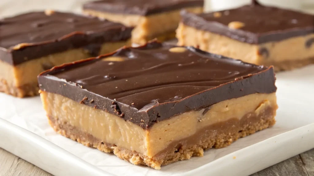 Buckeye fudge squares with creamy peanut butter filling, rich chocolate topping, and a crumbly cookie-style base on a white plate.