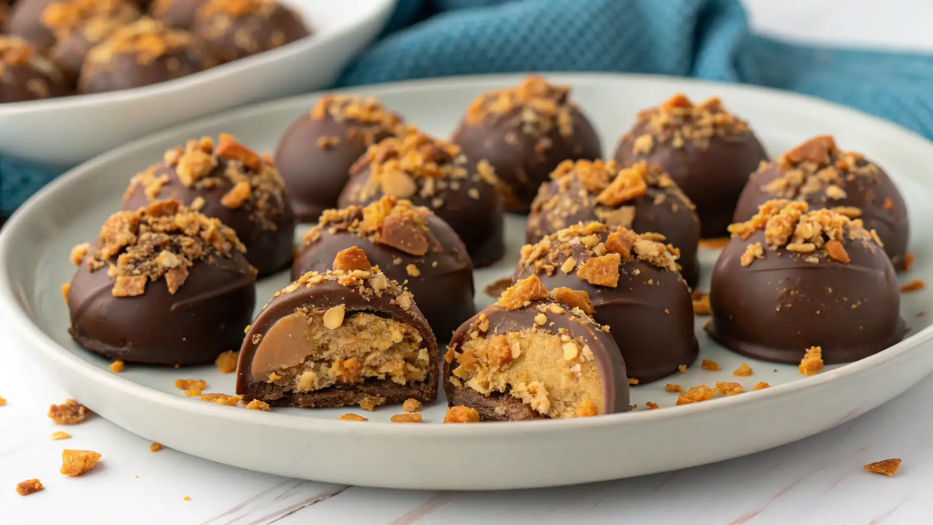Chocolate-covered Butterfinger truffles arranged on a light gray plate, topped with crushed Butterfinger candy pieces. Two truffles are cut in half to reveal a creamy peanut butter filling with crunchy candy bits inside.