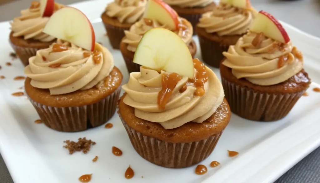 Caramel apple cupcakes topped with swirled caramel frosting, caramel drizzle, and fresh apple slices, arranged on a white serving plate.