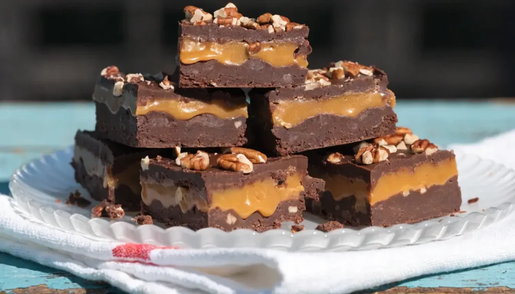 Caramel Pecan Turtle Fudge squares stacked on a white plate, showing rich chocolate layers, gooey caramel filling, and chopped pecans on top.