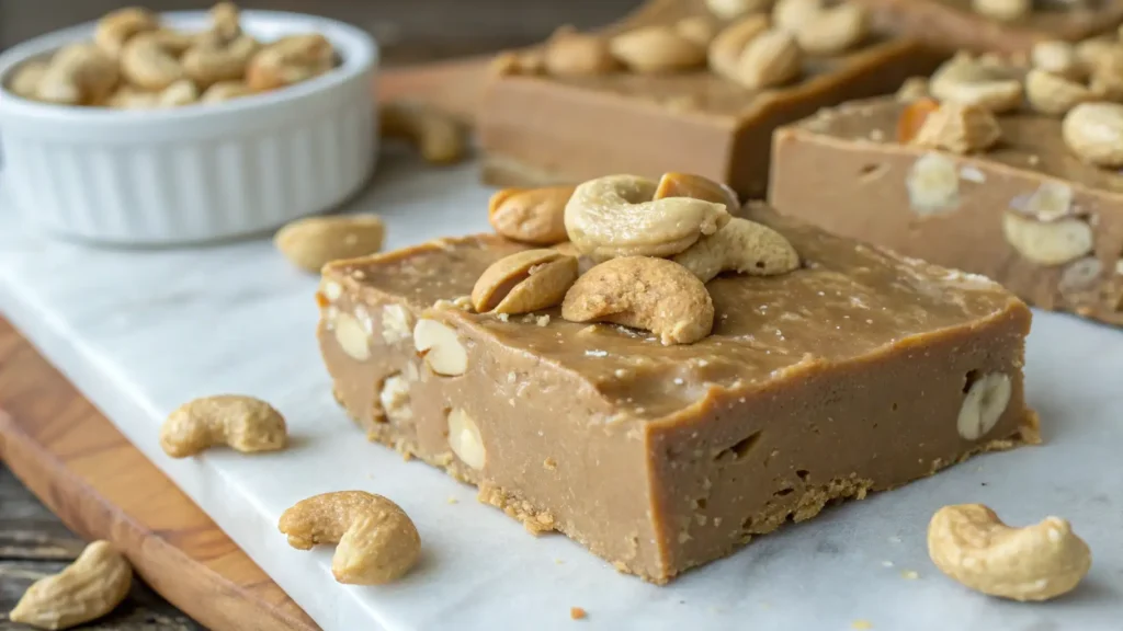 Creamy cashew peanut butter fudge squares topped with roasted cashews, served on a marble board with more cashews in the background.